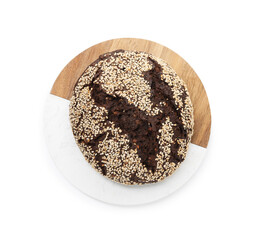 Fresh rye bread with seeds isolated on white, top view