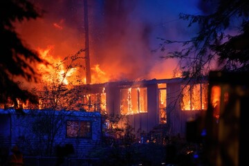 Fototapeta premium Fiery house ablaze at night