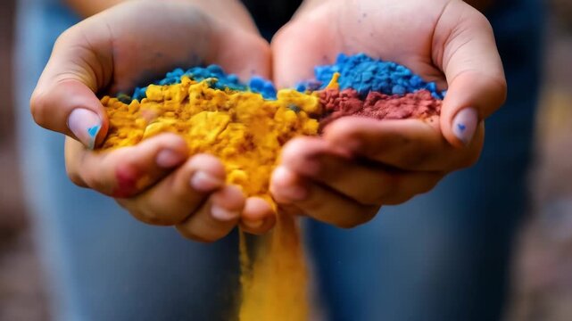 Hands holding colorful powder pigments