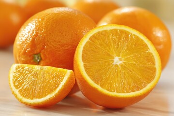 Fresh oranges, whole and sliced, on a light surface