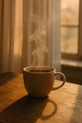 Fototapeta premium A ceramic mug filled with hot coffee sits on a wooden table, with steam rising gently in warm morning light. The soft background and golden tones create a cozy, peaceful mood.