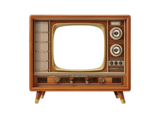 An old vintage retro tv television set with blank screen and isolated on a transparent background.