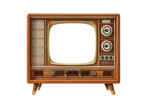 An old vintage retro tv television set with blank screen and isolated on a transparent background.