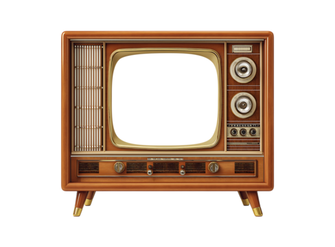 An old vintage retro tv television set with blank screen and isolated on a transparent background.