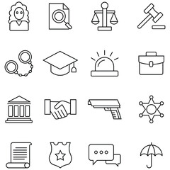 Law enforcement line icons. Containing justice law, court, judge,  lawyer, judgment, legal, criminal and more. Legal consultation Simple glyph vector illustration. 
