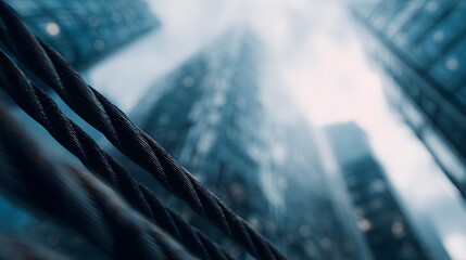 Power cables connecting modern skyscrapers in a dense urban landscape