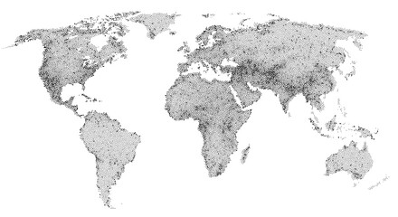 Vector map of the world in dot and halftone texture, illustrating population density. Stylized earth design combining cartography, geographic data, and digital illustration in a clean, flat background