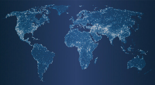 Vector illustration of a glowing world map at night, with shining dots representing cities, population, and global network. The digital earth highlights technology, communication, and major continents