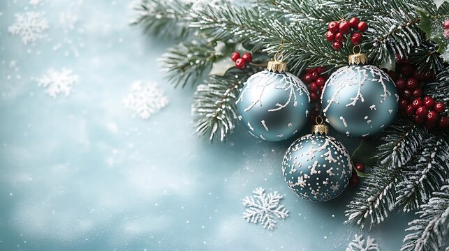 Festive christmas ornament arrangement featuring blue baubles fir branches and snowflakes decor