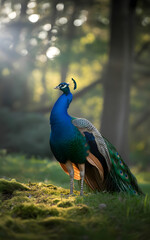 Fototapeta premium Majestic Peacock Perched in Forest Clearing Sunlit Scene of Natural Beauty and Tranquility with vibrant plumage and peaceful presence