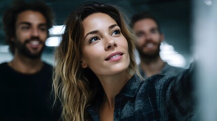 Woman leading a collaborative brainstorming session in a modern office setting