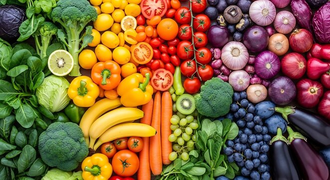 Vibrant rainbow of fresh healthy fruits and vegetables arranged artfully
