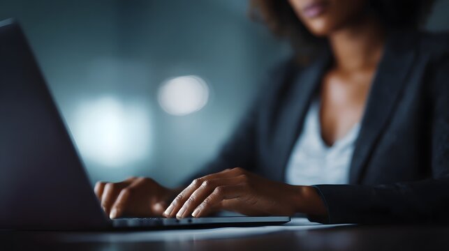 Businesswoman analyzing data on laptop in dark workspace - Powered by Adobe