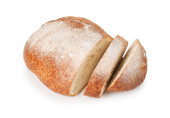 Pieces of fresh bread isolated on white, above view