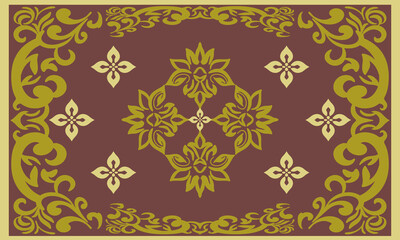 Elegant damask style gold floral pattern on brown background.Abstract seamless vector with hand drawn elements for scarf,carpet ,fabric and home decorative design.