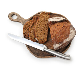 Pieces of fresh bread and knife isolated on white, top view