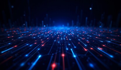 Digital Data Stream with Blue and Red Light Trails on a Dark Background