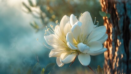 A white flower blooming near a tree trunk in natural sunlight.