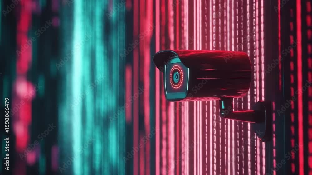 Poster futuristic surveillance camera with neon glows and binary code in dark cyberpunk environment 4k vide