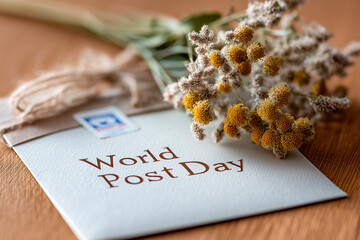 A stylish envelope labeled "World Post Day" rests on a wooden surface, adorned with dried yellow and gray flowers, creating a warm and inviting atmosphere.