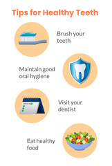 Dental care tips infographic featuring colorful icons and health advice: brush your teeth, maintain oral hygiene, eat healthy food, and visit your dentist. Perfect for health education
