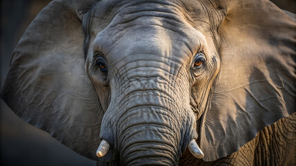 Close up portrait of a majestic african elephant face with wrinkled skin and large ears