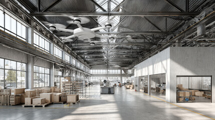 in modern logistics facility sleek drones and robots efficiently navigate their surroundings