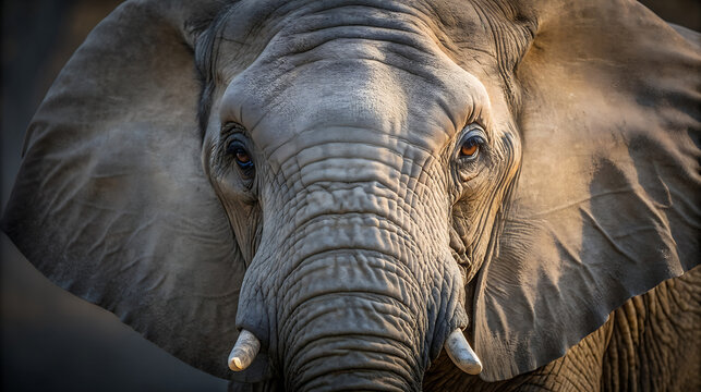 Close up portrait of a majestic african elephant face with wrinkled skin and large ears