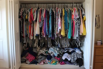 Organized closet with overflowing clothes