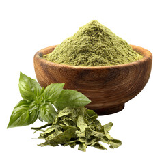 PNG of A wooden bowl filled with vibrant green herbal powder, accompanied by fresh basil leaves.
