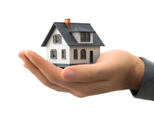 Hand holding a model of a modern house isolated on a transparent background
