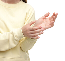 Woman suffering from wrist pain on white background, closeup
