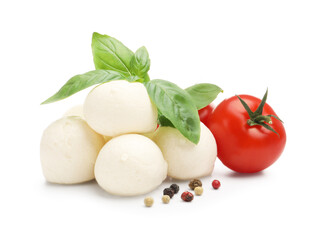 Tasty mozzarella cheese balls, tomatoes, basil and peppercorns isolated on white
