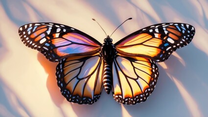 Fototapeta premium Colorful butterfly with patterned wings, resting on a surface under soft lighting. Nature and insect imagery. The beauty of butterflies and their delicate wings.