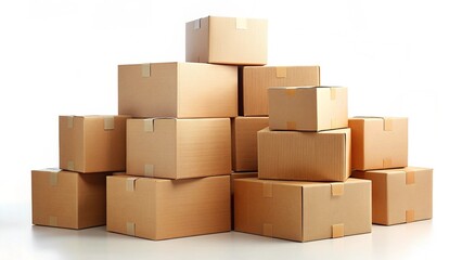 Obraz premium Stack of Brown Cardboard Shipping Boxes on White Background 