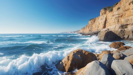 Obraz premium Coastal scene with waves crashing against rocks and cliffs under a bright blue sky.