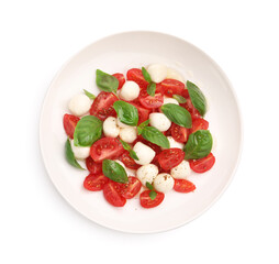 Tasty salad Caprese with mozzarella, tomatoes, basil and spices isolated on white, top view