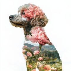 Brown poodle dog with pastel flowers and nature landscape overlay, watercolor double exposure illustration for floral canine-themed decor