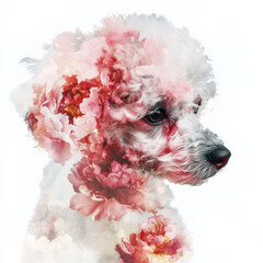 White dog with pink flower overlay in watercolor style, dreamy double exposure for floral pet art and gentle design themes