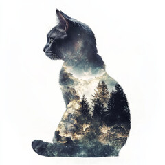 Minimalist cat silhouette with tranquil forest overlay, watercolor double exposure in soft earthy tones, ideal for calming pet-themed designs