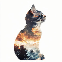 Kitten silhouette glowing with sunset hues and pine forest overlay, warm double exposure watercolor art full of wonder and innocence