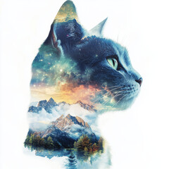 Galactic cat silhouette with snowy mountains and colorful sky, whimsical double exposure blending nature and cosmic dreams