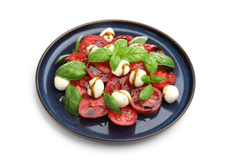 Tasty salad Caprese with mozzarella, tomatoes, basil and balsamic vinegar isolated on white