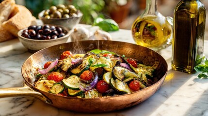 Golden charred vegetable medley in copper cookware, basil garnish and olive oil drizzle for culinary content creation, eco-friendly hospitality promotion