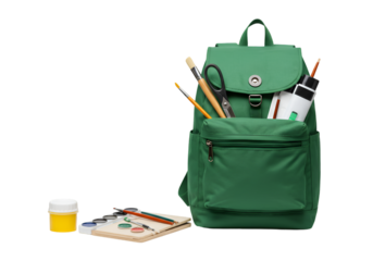 Green Backpack Filled With Art Supplies Isolated PNG