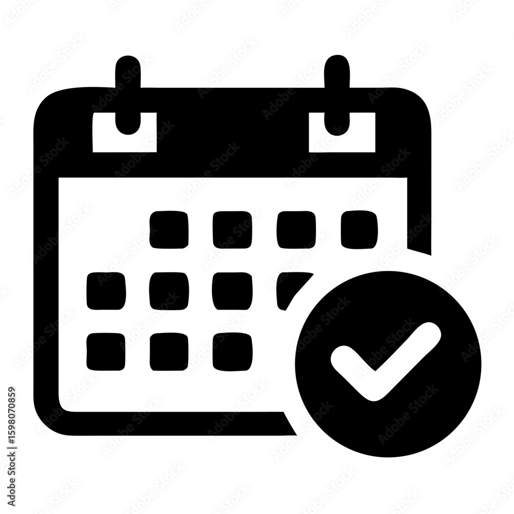 Poster calendar icon with check mark indicating scheduled event or task completion on transparent backgroun