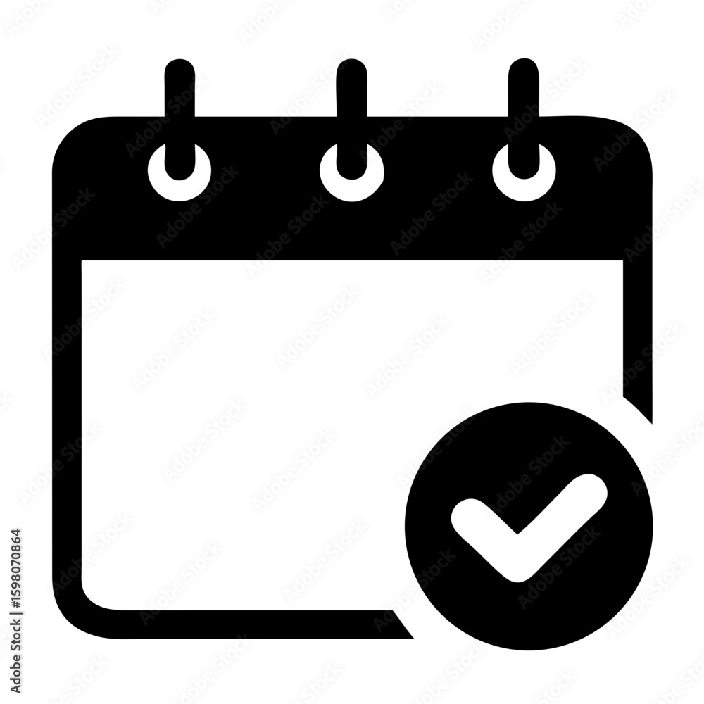 Poster calendar icon with checkmark indicating a scheduled event or task completion with simple black desig
