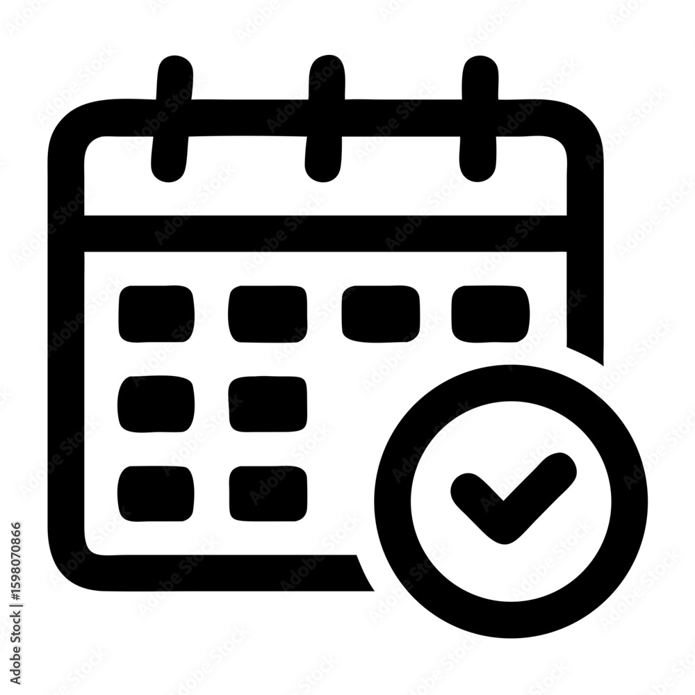 Poster black calendar icon with a check mark indicating a completed or scheduled event date reminder