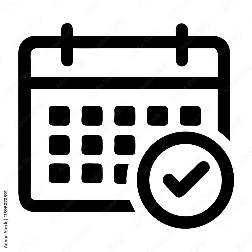 Poster black calendar icon with a checkmark inside a circle indicating a completed event or task scheduled