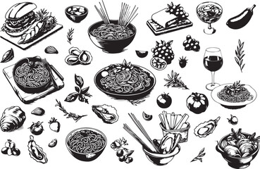 Hand drawn chalk food illustrations. Mediterranean dinner. Wine, spaghetti, oysters, charcuterie drawings for wedding invitations, menus. Vector illustration La dolce vita italian sketch style.
